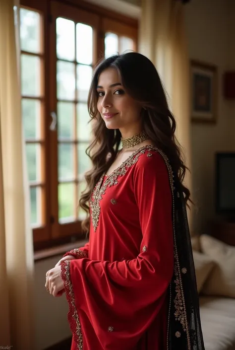 A Cute Pakistani 18 years Boy Pick our cute girl friend wear red dress and black gold laces dupatta right hand from inside standing in a beautiful House living room near visible vide window realistic picture 