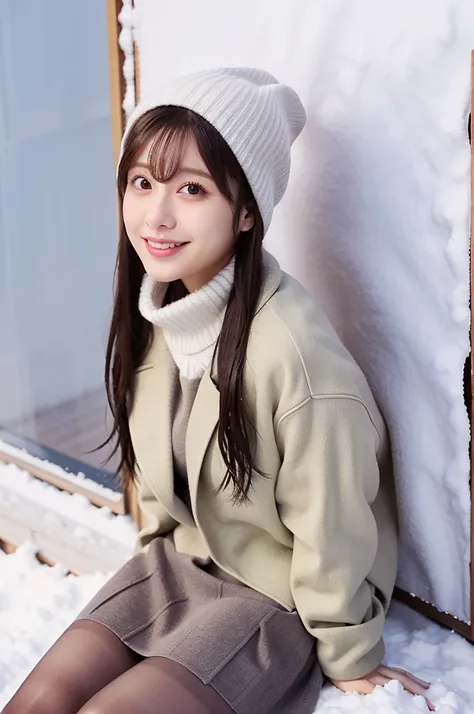 (masterpiece, best quality, perfect anatomy, highres, 8k, realistic, photorealistic, natural skin texture, no makeup:1.2), 1girl, solo, Japanese, female university student, age20, very cute, winter, (very cold day),
 (Snow is piling up, she lies down on th...