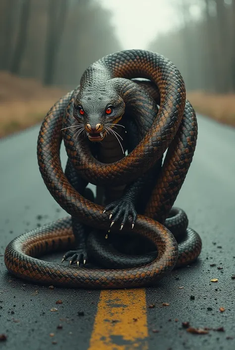 A snake and a weasel cling to each other on a paved road