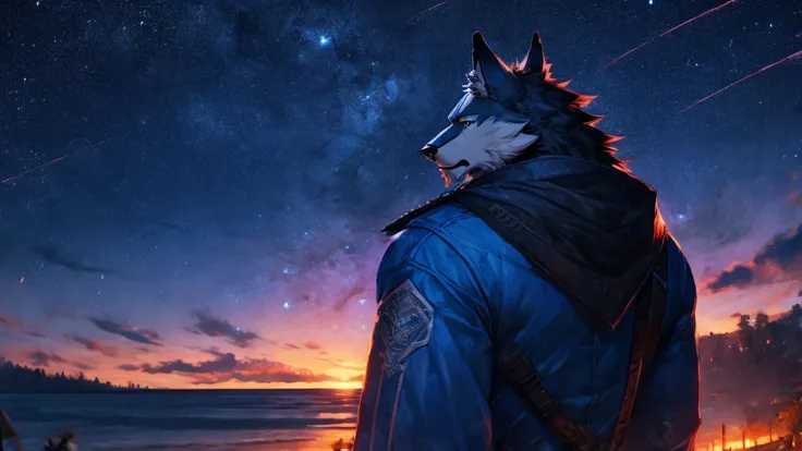 lobo,blue jacket looking towards sad night horizon with stars realistic 4k