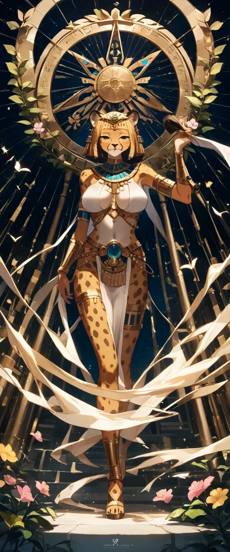 score_9, score_8_up, score_7_up, score_6_up, score_5_up, score_4_up,source_anime, source_furry,rating_safe,Egyptian goddess(female, Safkhet, Sesat, Seshet, Sesheta, Seshata, Uraeus with flower and star in diadem, (wearing cheetah skin:1.3), holding brush a...