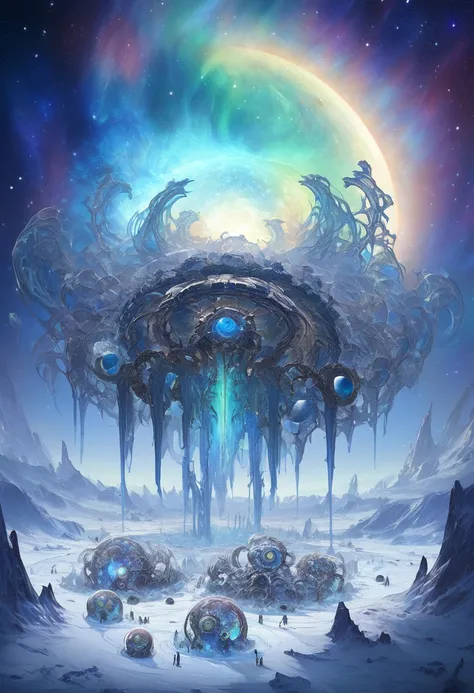 A massive, intricate machine rises from the ice of a frozen alien planet, emitting vibrant auroras into the sky. The machine’s gears are transparent, revealing tiny celestial bodies—planets, stars, moons—turning within. The auroras form images of distant w...