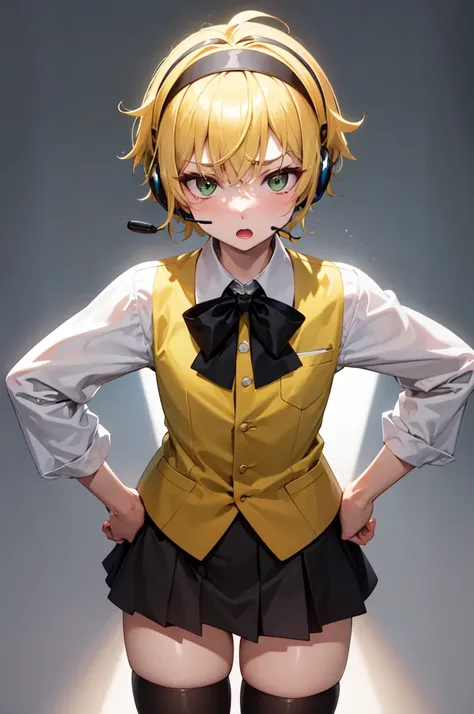 masterpiece, best quality, highres ((1boy)), short hair, yellow hairband, headset, mole under mouth, yellow bowtie, collared shirt, white shirt, green vest, long sleeves, black skirt, black thighhighs,  standing, cowboy shot, :o, frown, hands on hips,