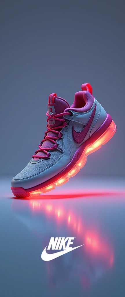 A stunning and enchanting photograph of a realistic render of a Nike Air Jordan shoe.  with the sleek and high-tech design of the shoe. A soft glow emanates from behind the shoe, highlighting its intricate details and Nike Air technology. Surrounding the s...