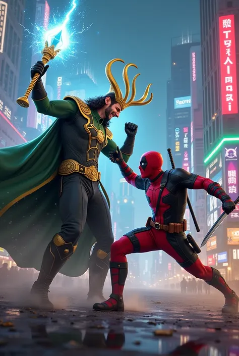 Marvel Loki (golden stick blue magical diamond) fighting with Deadpool (Ninja sword) in city 