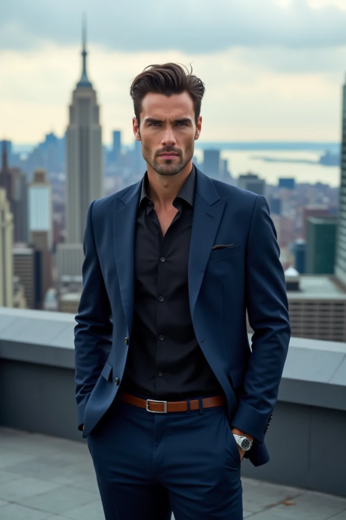 A strikingly handsome man with sharp features, deep-set eyes, and a charming smile. His impeccable style combines a tailored navy suit with a confident demeanor. He stands on a rooftop with a city skyline in the background, exuding charisma and sophisticat...