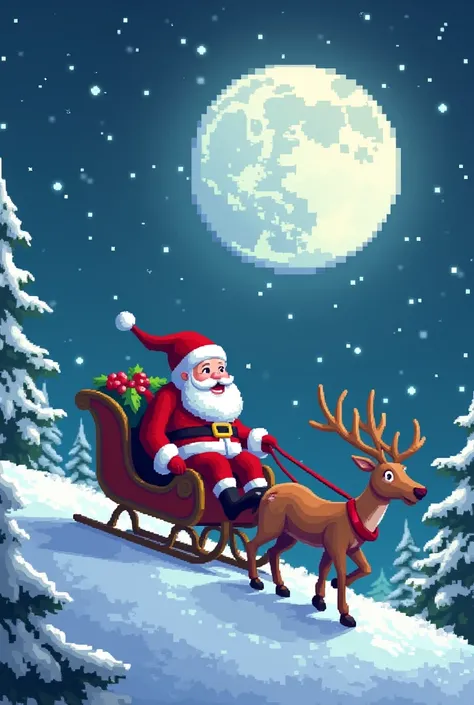 The picturee show a Santa Claus in the sleight snowy night. The picture is a pixel art.