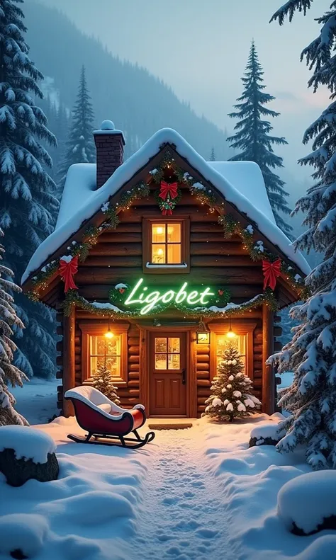 In a Christmas atmosphere, a warm and cozy mountain cabin surrounded by snow. In the late afternoon, Santa Clauss empty sleigh stands in front of the door. Gently falling snow creates a magical scene. Warm golden lights shine through the cabin windows, add...