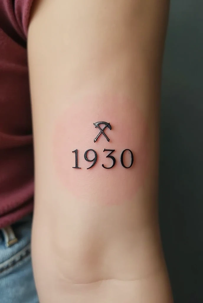 Create a boseo for a small delicate tattoo for a woman who goes on her arm with the number 1930 and above the number she places a small pike and a mining helmet delicate small smaller 