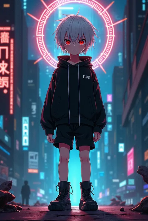 Anime and cyberpunk style with religious symbols. The God of paradox in the form of an evil  boy, with white hair, who wears black clothes, who wears shorts and booties.