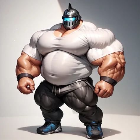 a man with a big giant musclegut tall wide body with big fat belly using shirt, black pants, black gloves, and black robot helmet which cover all of his face. Full body, standing still, solo, very big, very tall, very wide, very muscular, very fat, big bel...