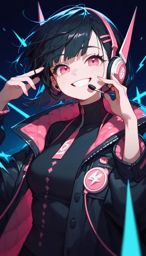  ,gloomy,Black hair,In pink eyes , Medium Bust ,Headphone earphone, Black coat ,Smile wryly,Dark circles under the eyes, shorts, black pantyhose,Electric power