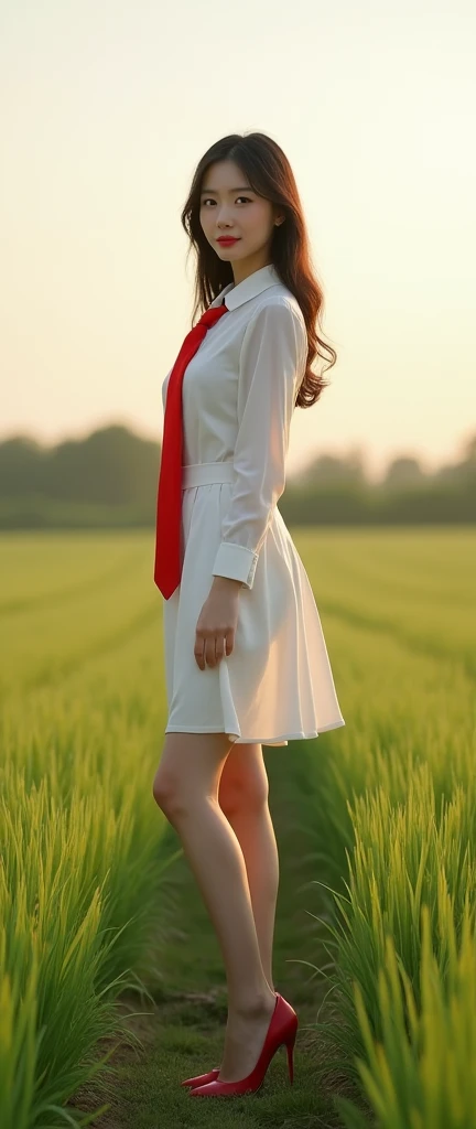  Full body image of woman standing in the field with a red tie and wearing super-high heels, soft Portrait shooting 8K, a young asian woman, Shot with Canon EOS R5,  Shooting with Canon eos r 5 ,  Shooting with Canon EOS 5D Mark IV , Portrait shooting 8K, ...