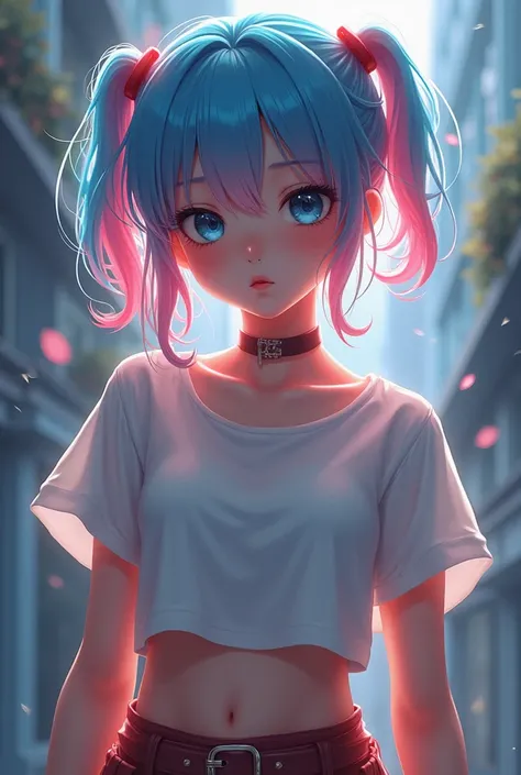 1girl, UHD, High Details, Short Hair, Bangs, Twintails, Blue Hair, Pink Hair, Red Hair, Full body, wearing t-shirt and shorts, high knee boots, Blue eyes, Lens Flare, 8K Octane, 