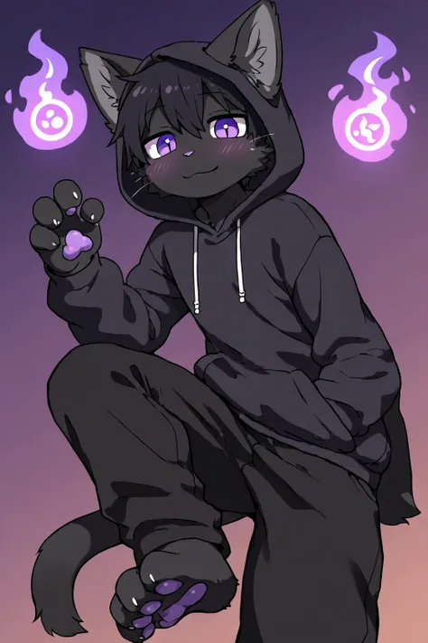 A Furry Cat with black fur    , being tall and thin and having paws and having purple eyes and having and being male and having long black male hair and wearing a black hoodie with a small purple fire symbol on the hood and wearing black pants and being in...