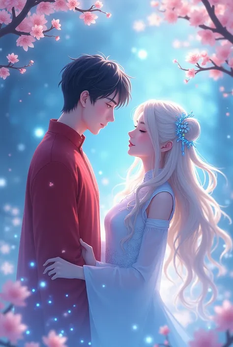  Create a romantic anime scene with two characters,  characters, a man and a woman ,  in the gentle arms of .

 Characters :

 woman :

long, , wavy white hair ,  decorated with glowing with blue accessories .
 eyes closed,  facial expression calm and peac...