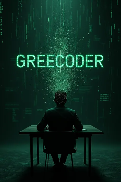 a man sitting on a table and chair and giving a speech will not have a head, his head will have GreeCoder written in black and light green and the background will be black and decorated  with various advanced Technology