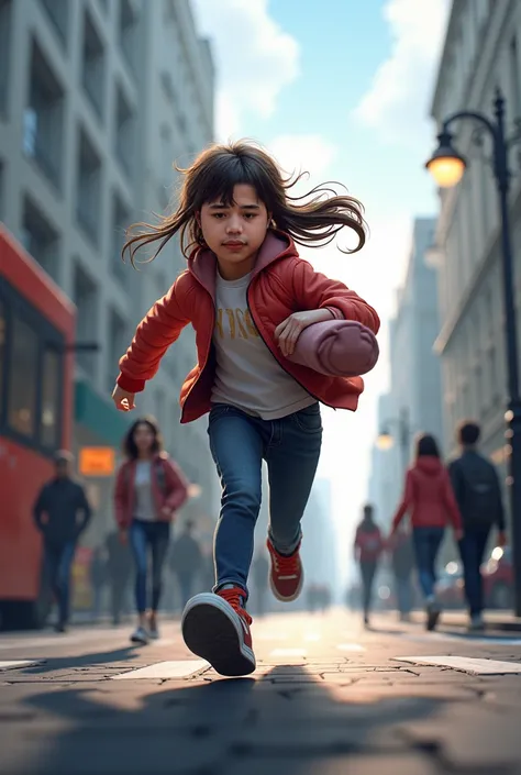 A girl running around the street to get in the bus, she is holding a hoodie.