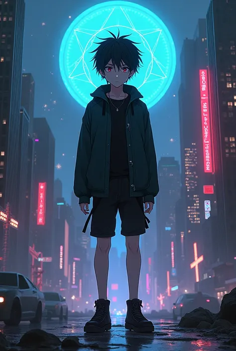 Anime and cyberpunk style with religious symbols. The God of paradox in the form of an evil boy, who wears shorts and booties.