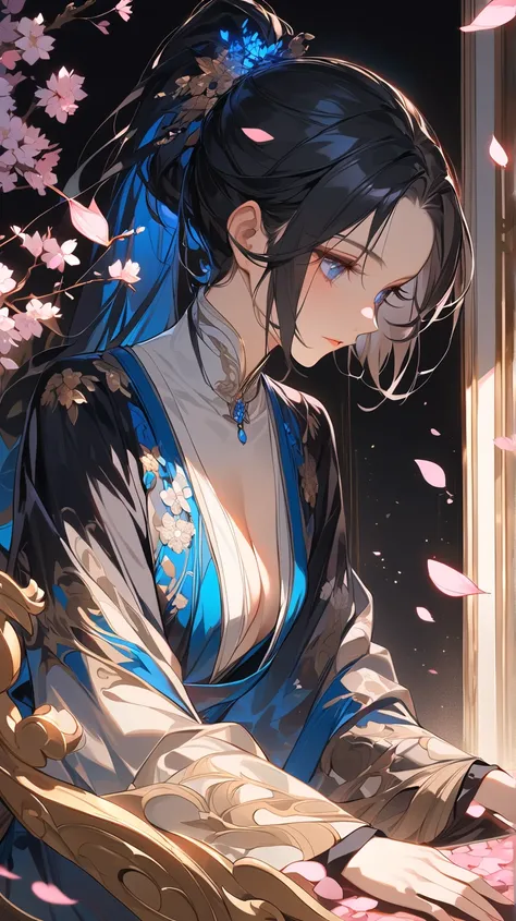 A masterpiece, high-resolution, and top-quality image of a solo 25-year-old female. She has a cute and sexy appearance, with skin the color of cherry blossom petals, black hair tied in a ponytail, and vibrant blue eyes. The woman is facing forward, and the...