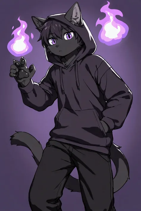 A Furry Cat with black fur    , being tall and thin and having paws and having purple eyes and having and being male and having long black male hair and wearing a black hoodie with a small purple fire symbol on the hood and wearing black pants and being in...