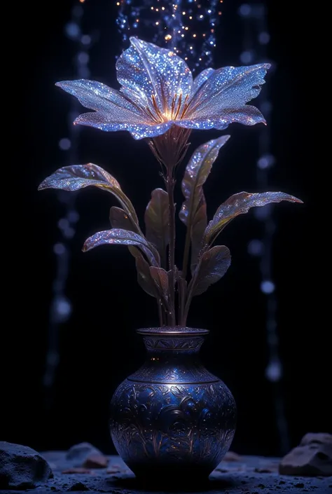 Mystic Flower,  Which Is Just Beautiful , fantasy,  Each petal Silver sand stands out, falling across the picture like stars ,  Spectacular Magic ,  the moon Full shines right on the flower that grows from a small porcelain vase with patterns,  masterpiece...