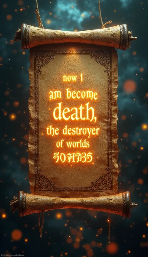 An ancient Sanskrit text with the quote Now I am become Death, the destroyer of worlds written in glowing letters.