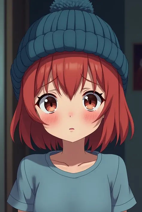 Anime girl wearing blue wool hat redhead wearing blue t-shirt is having extreme tired face