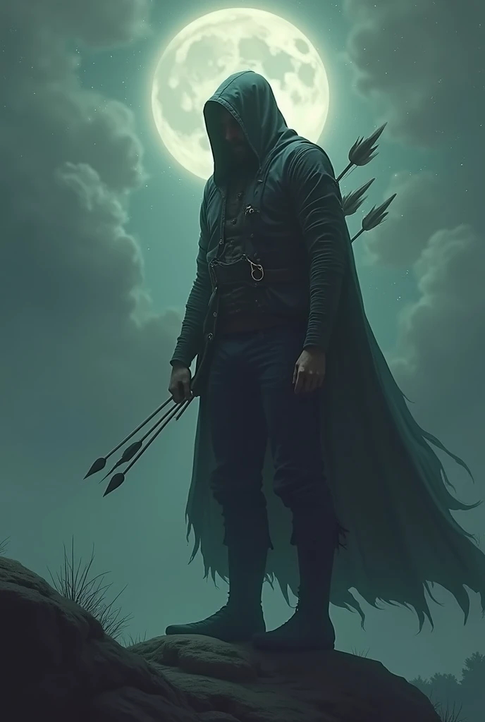 Man with a hooded mans face removing arrows, looking at the moon.