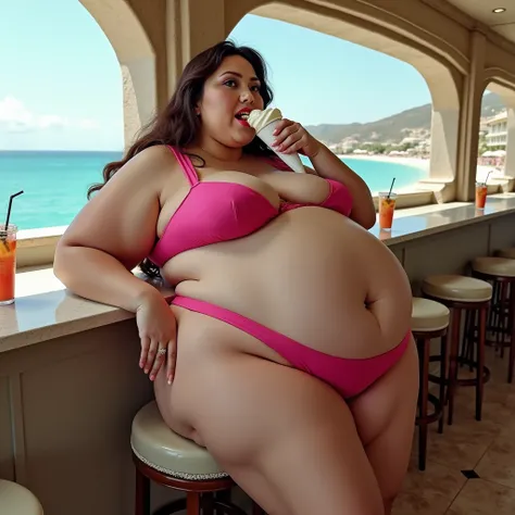 A super-obese model woman with a beautiful face and a weight of 300 kg is crushing the bar counter chair with her huge buttocks. She is wearing a fashionable and pop separate swimsuit and eating soft serve ice cream at the bar counter of a resort hotel wit...