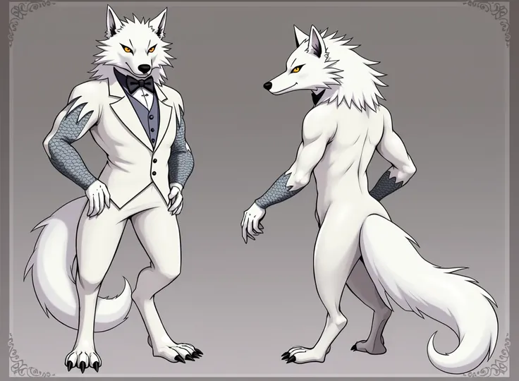 Anthropomorphic White wolf with gray dragon scales on arms and legs in a butler tail coat