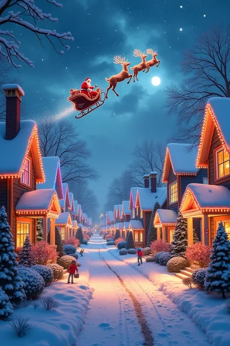 A festive image of Christmas ,  where you can see a snowy street and houses with lots of colored lights .  The atmosphere is festive but relaxing ,  there are no cars parked but the ren play to pull their snowballs.  In the beautiful sky the Santa Claus sl...