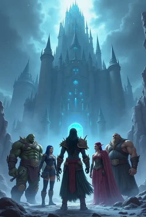  in the foreground,  a group of heroes  ( a mix of races and classes of WoW ,  like an orc warrior ,  a blood elf champion ,  a human wizard ,  and a dwarf hunter ) In front of ICC