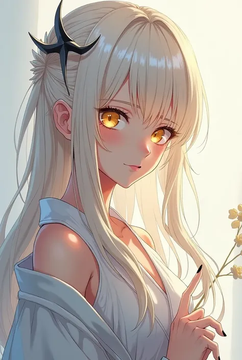 anime,character,female,white_skin,shiny_skin,slender,white hair,blonde hair,straight_hair,long hair,yellow eyes,small nose,black_nails,uchikake,