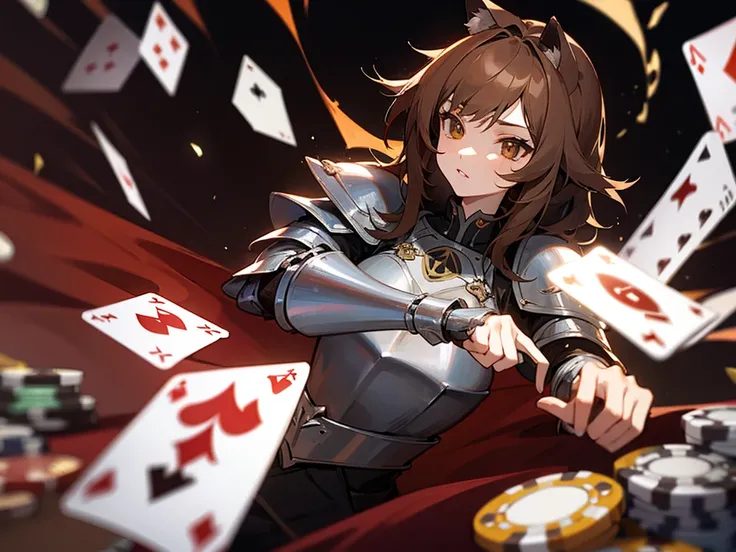 foxgirl in knight armor with poker cards, dark brown hair