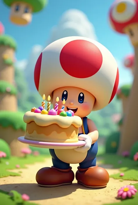 Toad Super Mario holding birthday cake 