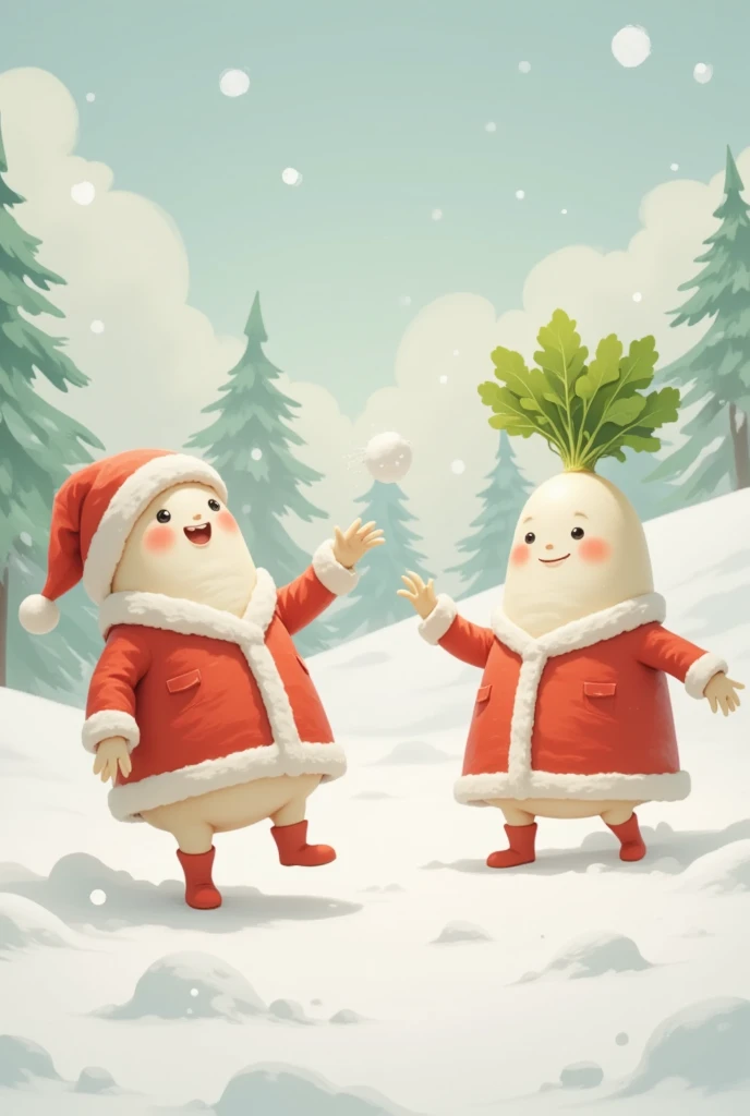 DAIKON characters having a snowball fight 。 DAIKON characters are wearing Santa Claus costumes。