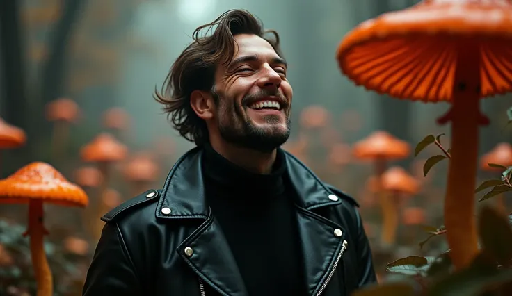 A man in a black leather jacket, smile face, eyes half closed, stoned, like in dream fungi wonderland, dance with fantasy fungi, detailed faces, detailed clothing, cinematic lighting, moody atmosphere, dramatic shadows, gritty realism, hyperdetailed, 8k, p...