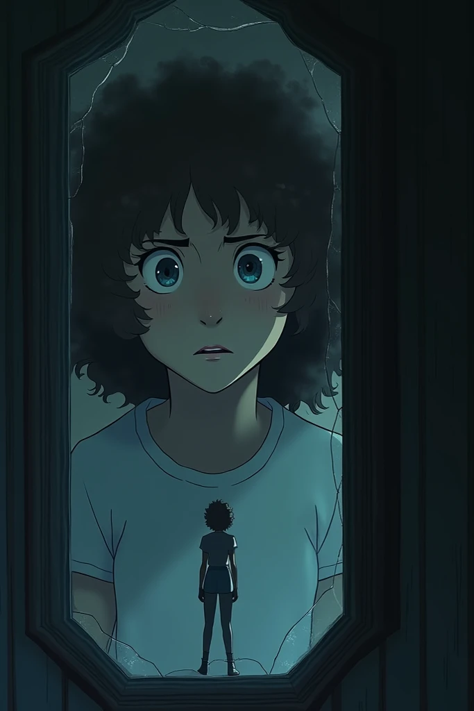 Its surface was cracked, but it reflected more than just the attic. In the reflection, she saw herself standing, wide-eyed and trembling. But behind her, a shadow moved women with curly hair animation character 