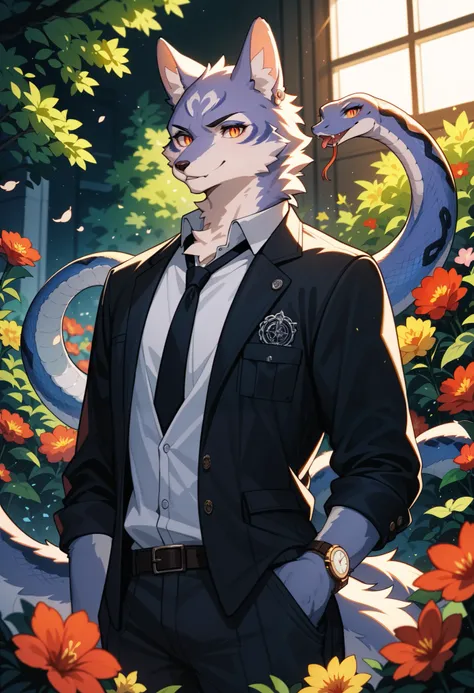 (best quality, high resolution, ultra-detailed)silhouett(kemono, furry anthro)holding striking pocket watch, surrounded by flowers, snakes and darkness, illustrative rendering, intricate details, mysterious atmosphere, vibrant colors, dynamic lighting , Go...