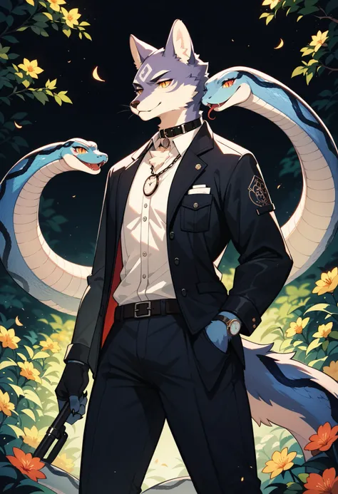 (best quality, high resolution, ultra-detailed)silhouett(kemono, furry anthro)holding striking pocket watch, surrounded by flowers, snakes and darkness, illustrative rendering, intricate details, mysterious atmosphere, vibrant colors, dynamic lighting , Go...