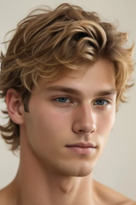 Handsome eighteen man, golden blond, Curly fringe, fade, soft skin, shave face, musular, white wall, face close-up