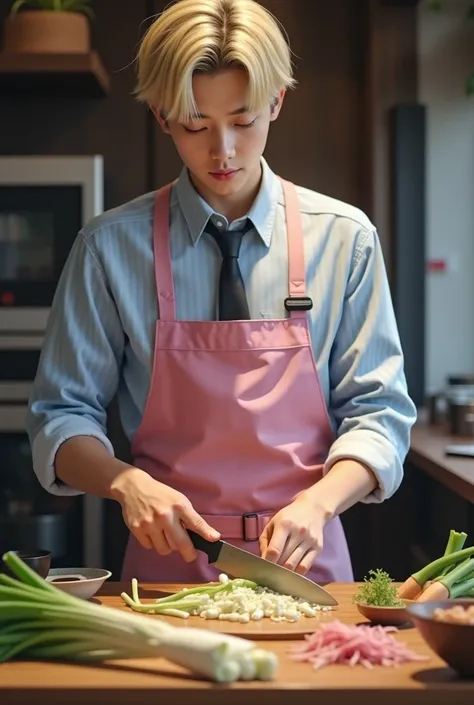 Japanese male, 20 years old,Standing behind the chefs table,There are many cooking ingredients on the table,two-block straight Blonde hair,Formal shirt in light blue with small striped pattern,Black formal trousers,Black buckle,Pink chef apron,Slice the sp...