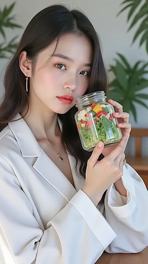 a woman holding a glass jar with fresh salad, hyper realistic, extremely detailed, 8k, photorealistic, professional photography, natural lighting, bright and vibrant colors, natural skin texture, beautiful detailed eyes, beautiful detailed lips, extremely ...