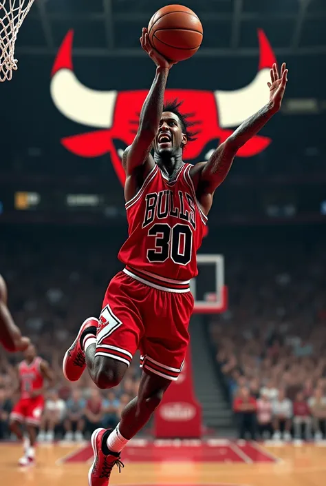 Dennis Rodman grabbing a rebound and behind it is the Chicago logo