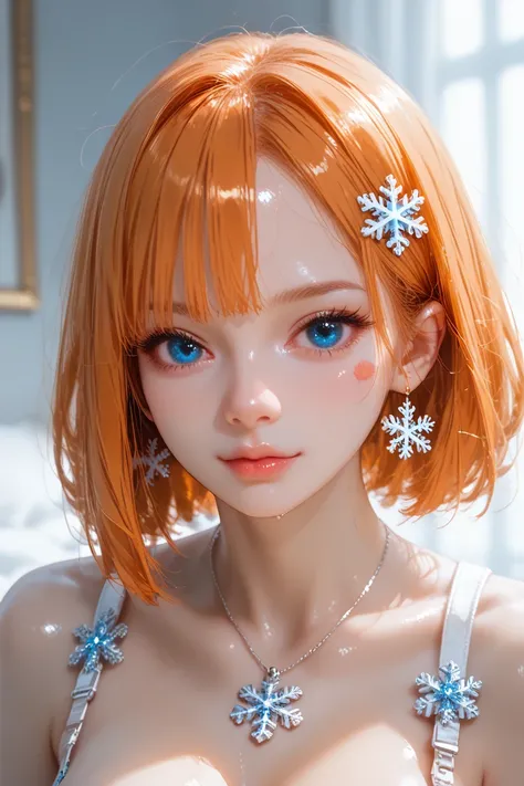 ( masterpiece ,  best quality ), 1 girl, Shiny,2d, beautiful face,(short hair color intense orange ),( long hair color intense orange )( intense orange hair hair ornament  ),(strong blue eyes),pesones with cold , HIGH QUALITY, ultra detailed , Very large b...