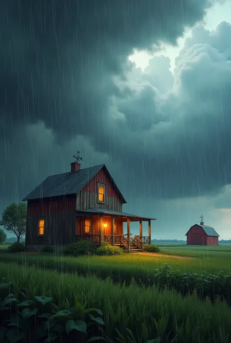 A farm with a house during a storm