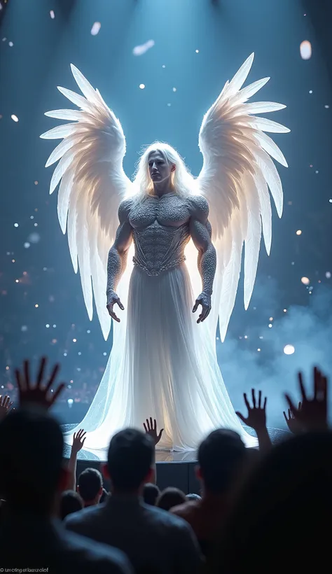 Standing on the "Got Talent"-style lit center stage, the 34-year-old was transformed into an imposing, angelic male creature. His figure is muscular and majestic, with strong features that exude divine authority and serenity. He wears a shimmering robe mad...