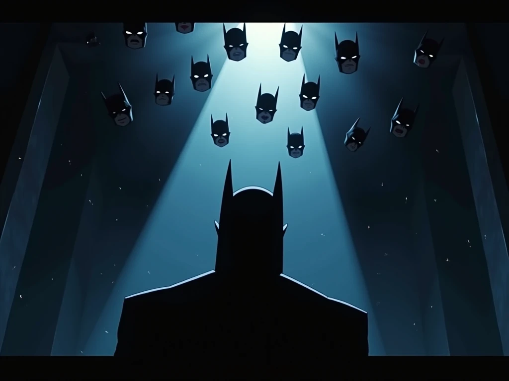 Create a image,  title cards from "Batman: The Animated Series style . a man in a dark room,looking up,  light coming from above, extreme low angle camera , tozens of masks falling the sky in many angles , masks with different emotions.