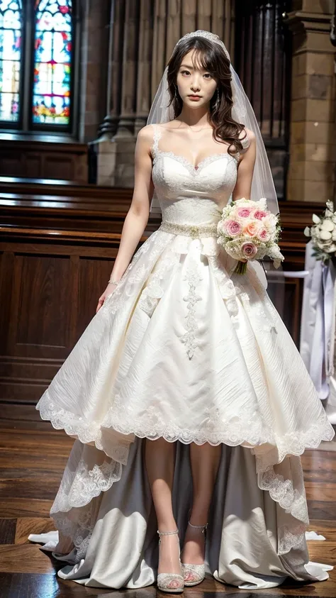 A beautiful young Japanese woman, 26 years old, with healthy thighs, beautiful legs, flawless skin, random hair color and style, large breasts, wearing a (wedding dress:1.3), (she is standing:1.2), full body shot, high heels, holding a bouquet in her hands...